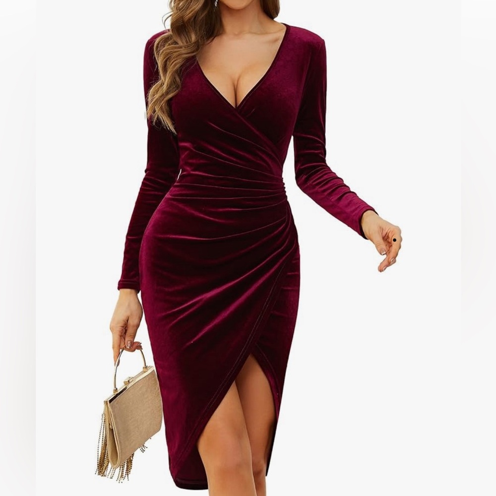 Burgundy mini dress V-neck velvet style dress, size large